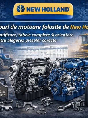 Ghid identificare motoare New Holland: specificații FPT, Ford, Iveco și Cummins pentru piese tractoare.