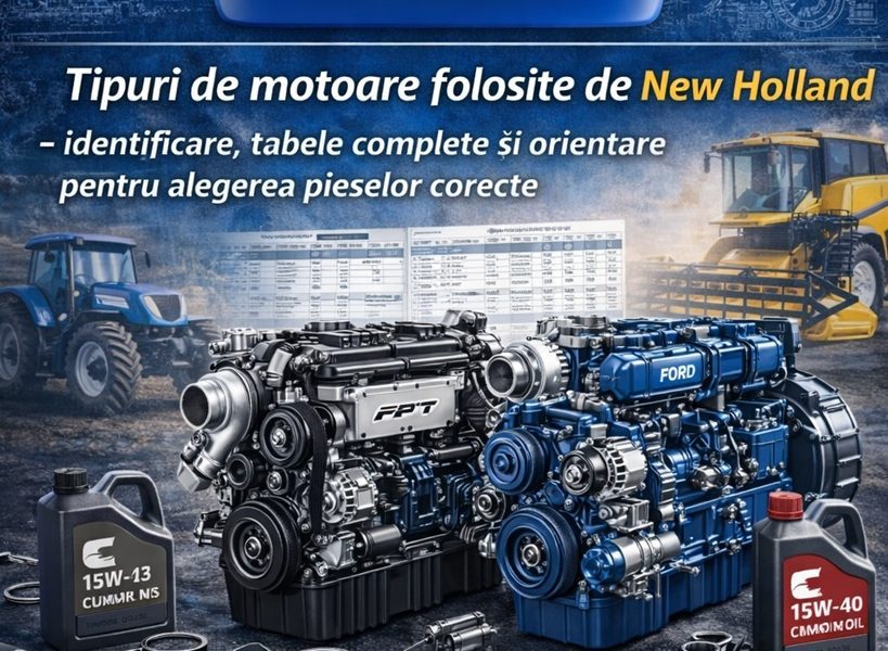 Ghid identificare motoare New Holland: specificații FPT, Ford, Iveco și Cummins pentru piese tractoare.