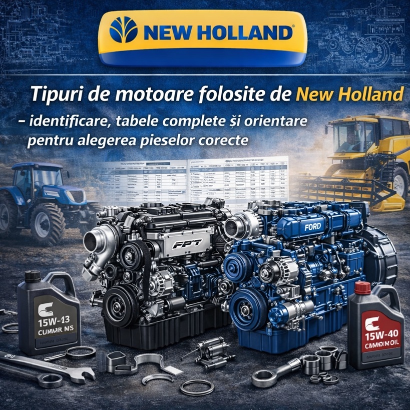 Ghid identificare motoare New Holland: specificații FPT, Ford, Iveco și Cummins pentru piese tractoare.
