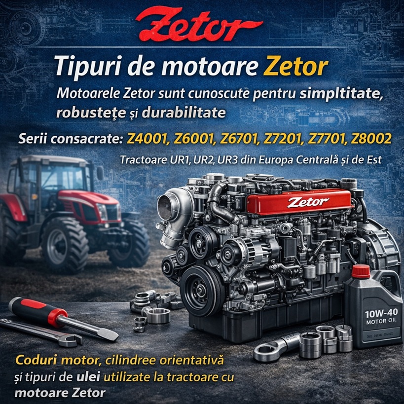 Motoare Zetor pentru tractoare – serii Z4001, Z6001, Z6701, Z7201, Z7701 și Z8002, ghid de identificare piese și ulei motor