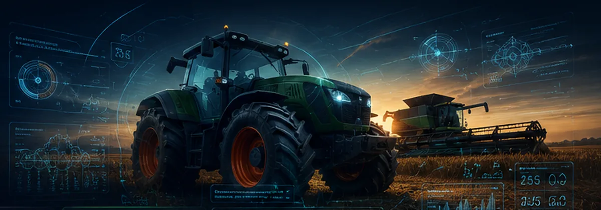 Tractor agricol modern pe câmp la apus, cu interfață de diagnoză digitală suprapusă